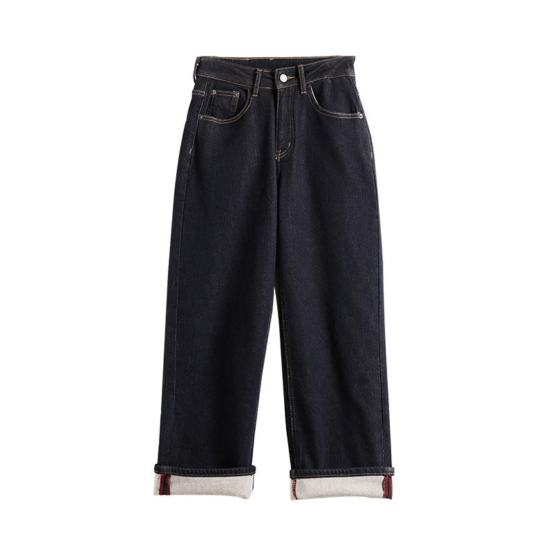 tailgate outfit black women Black High Waist Jeans Winter Loose Slimming Flocking Warm Wide Leg Pants