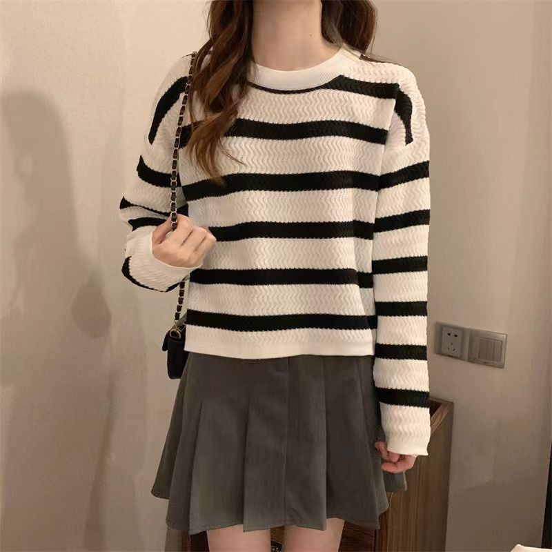 joker costume female outfit round Neck Striped Knitted Bottoming Shirt Sweater Women's Autumn and Winter Fashion Japanese Style Lazy Style Loose Pullover Top