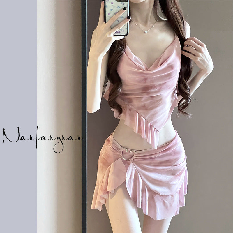 2000s fashion Women's Three-Piece Swimsuit, Two-Piece Steel Bracket, Push up and Cover Meat, Sexy Bikini Skirt, Pure Pink Tie-Dyed, High-Grade