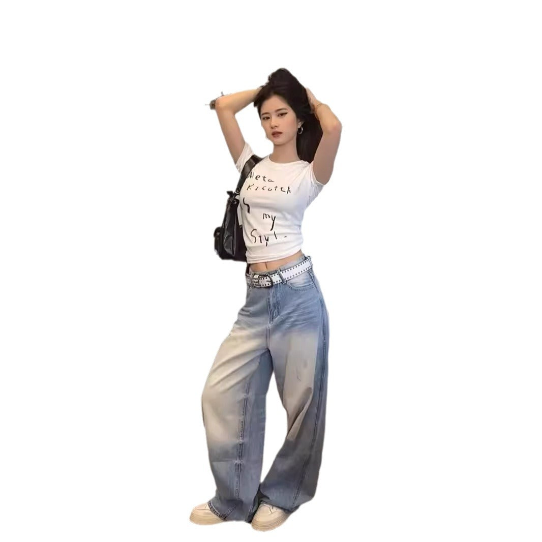y2k outfits American Loose Jeans Men's and Women's Summer Retro Distressed High Street Wide-Leg Casual Long Pants