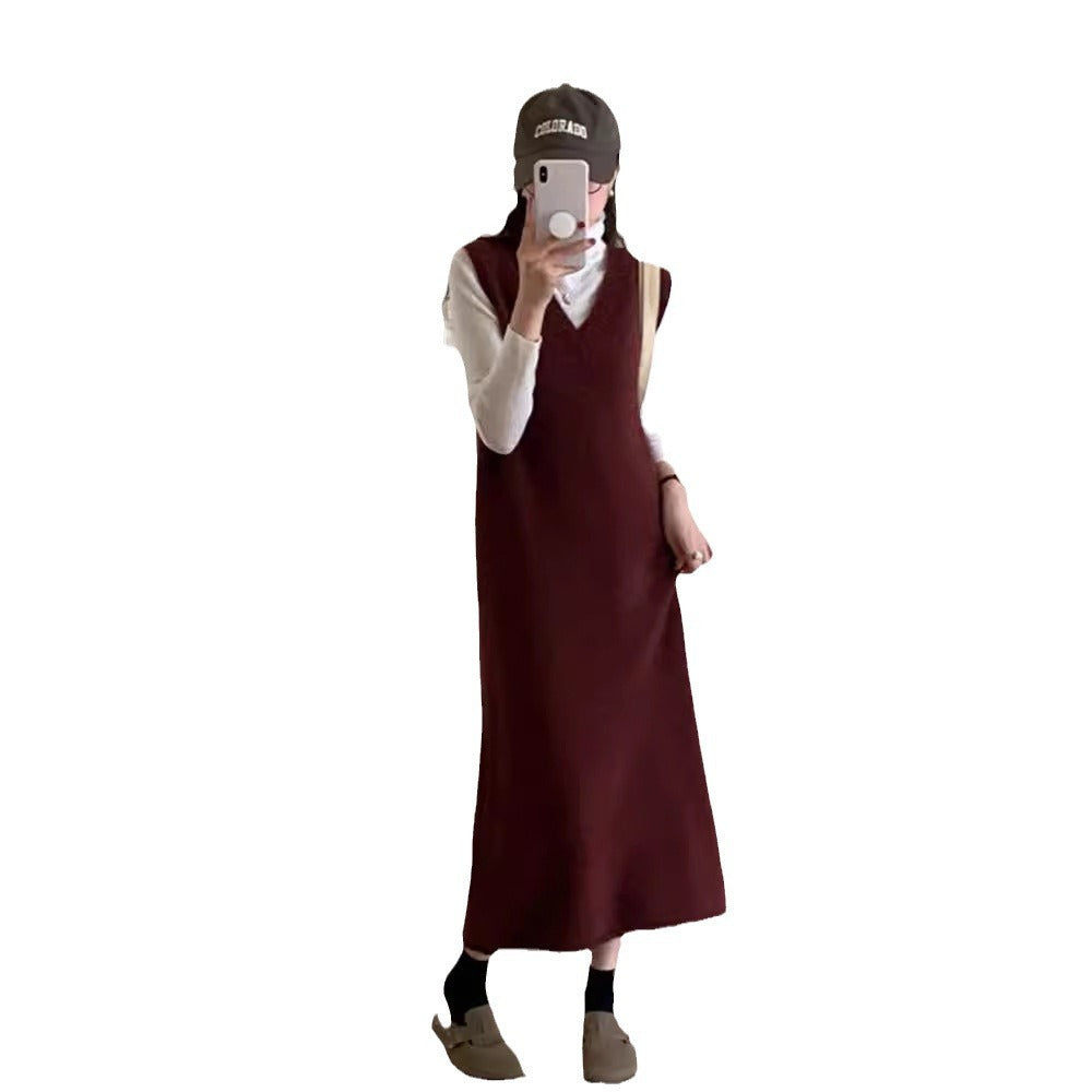 dress to impress outfits V-neck Long Vest Sleeveless Sweater Dress Women's Autumn and Winter Loose Belly Covering Temperament Mid-Length Knitted Skirt