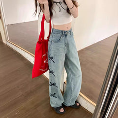 outfit ideas for school Street Korean Style Washed High Waist Side Vertical Bow Loose Wide Leg Jeans Trousers