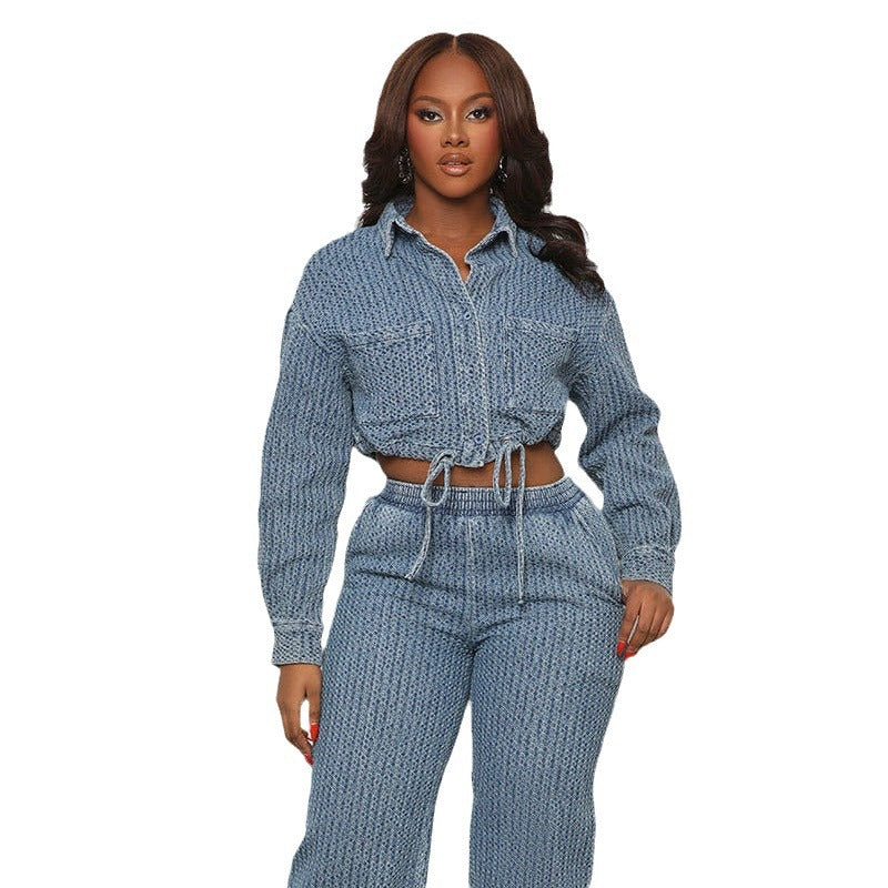 black sweater dress outfit Fashion Long-Sleeved Trousers Denim Women's Two-Piece Suit