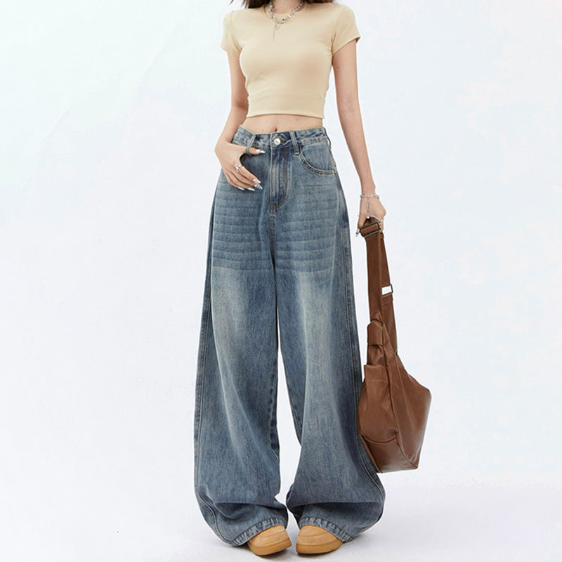 going out outfits 2391 Retro Loose Wide-Leg Jeans New Summer High Waist American Draping Straight Slimming Mop Pants Fashion