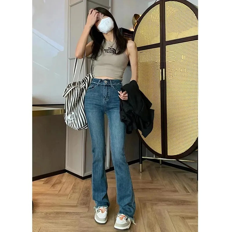 y2k outfits Korean Style Spring and Autumn New High Waist Slimming Jeans Design Tassel Stretch Micro Flared Pants All-Matching Trousers