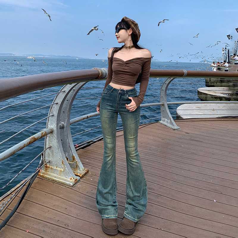 datenight fall outfits Multi-Color Retro High Waist Slim-Fit Stretch Flared Jeans Women's Cropped Trousers Lengthened