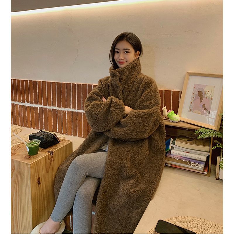 simple winter outfits Maillard Small Teddy Wool Stand Collar Coat Long Cashmere Lamb Fur Coat Thickened Loose