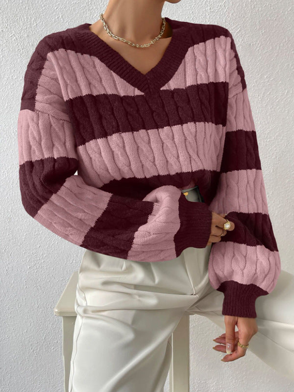 sambas outfits Autumn and Winter Lazy Style New Knitwear Loose Fashion Women's V-neck Retro Contrast Color Striped Sweater