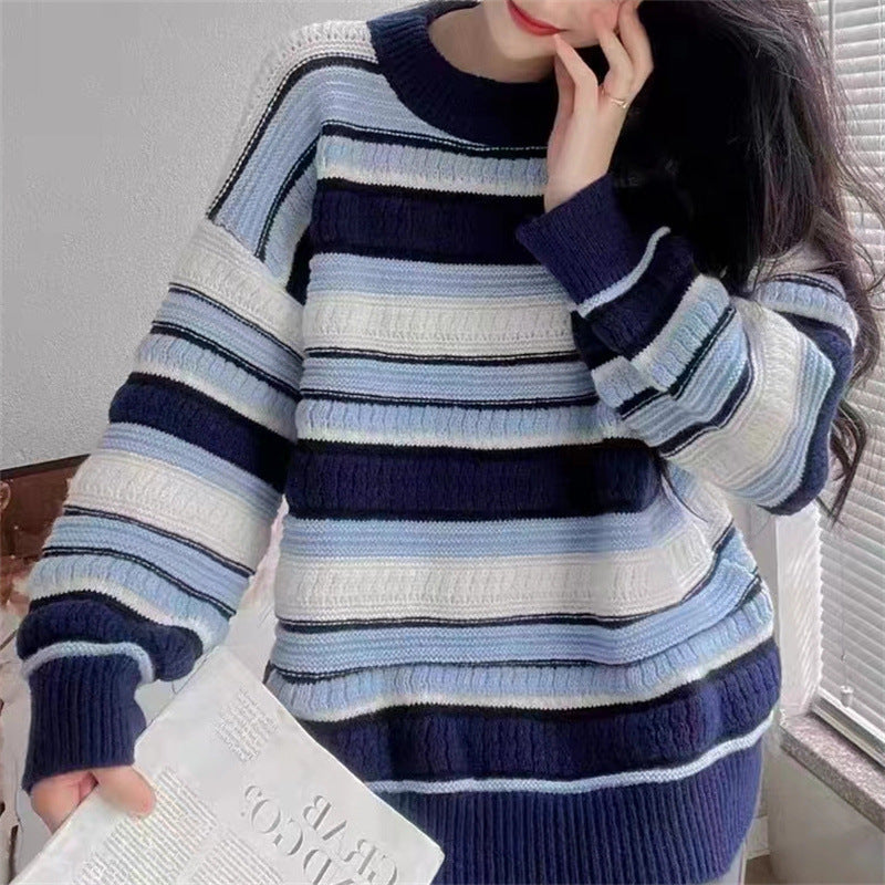 trio halloween costumes Gentle Style Soft Glutinous Striped Jacquard Pullover Women's Autumn and Winter Retro Loose Sweater Lazy Style Top