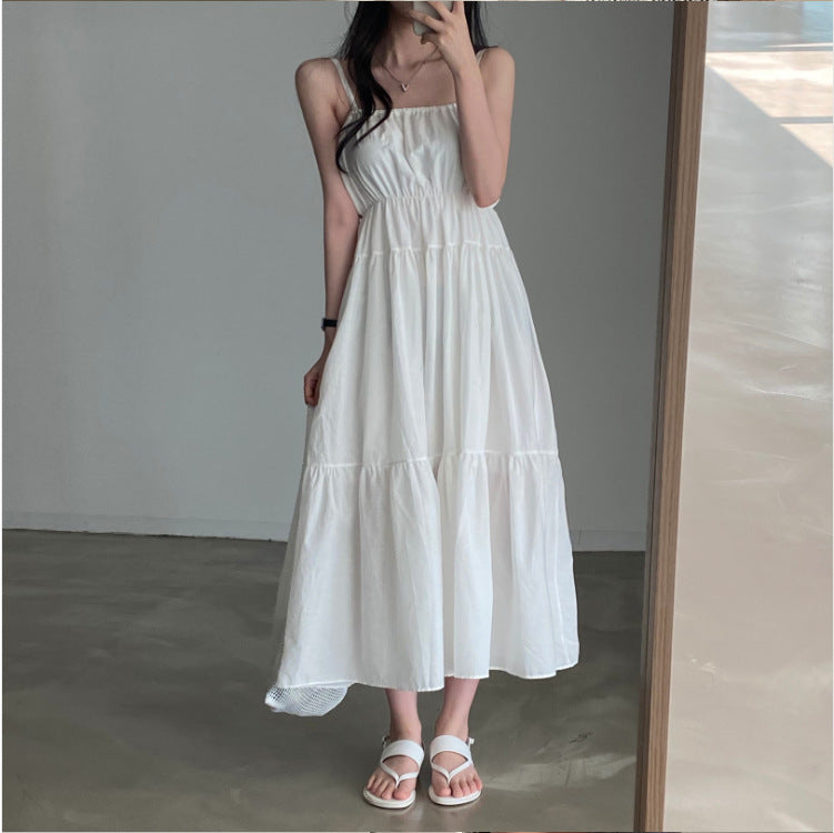 church outfit Chic Summer Holiday Style Suspender Skirt Simple Design Pleated Stitching Elastic Waist Solid Color Large Swing Dress