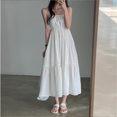 church outfit Chic Summer Holiday Style Suspender Skirt Simple Design Pleated Stitching Elastic Waist Solid Color Large Swing Dress