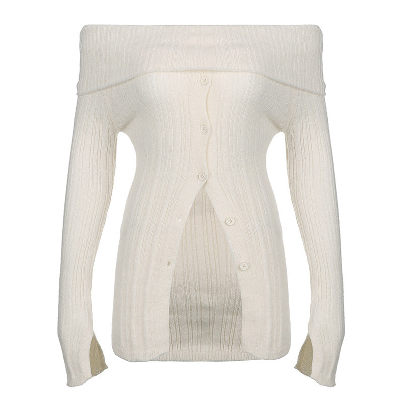 simple winter outfits Millennium Hot Girl White Moonlight Split Breasted Flip off-Shoulder Long Sleeve Top Lazy Style Slimming Sweater