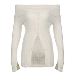 simple winter outfits Millennium Hot Girl White Moonlight Split Breasted Flip off-Shoulder Long Sleeve Top Lazy Style Slimming Sweater