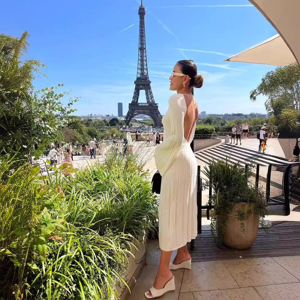 suit 3 Colors Autumn and Winter Dress Casual Cored Yarn Slimming round Neck Big Pit Strip Backless A- line Knitted Dress for Women