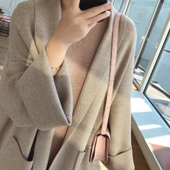 teacher outfits Loose Lazy Style Simple plus Size Mid-Length Knitted Cardigan Autumn and Winter New Pocket Sweater Coat