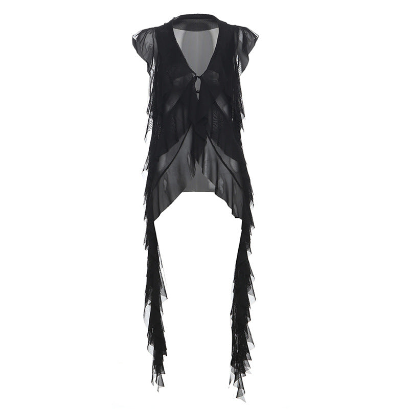 concert outfit Style Summer New Women's Sexy Slimming Wavy Mesh Transparent Irregular Vest