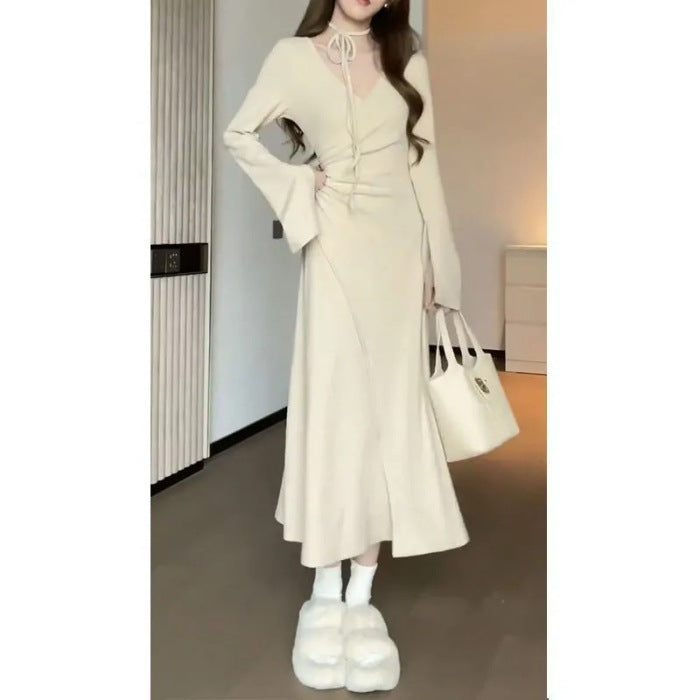 supernatural dress to impress Girl Style V-neck Irregular Waist Pleated Long Sleeve Lace-up Dress Slimming Autumn New Dress