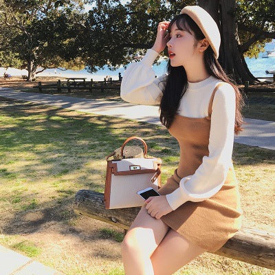 church outfit Autumn and Winter New Korean Gentle Style Fake Two-Piece Temperament Slimming Inner Base Strap Knitted Dress