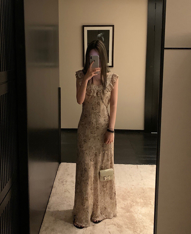 dresses French Retro Floral Chiffon Dress Women's Summer Slimming Ruffled Bell Sleeve Long Dress