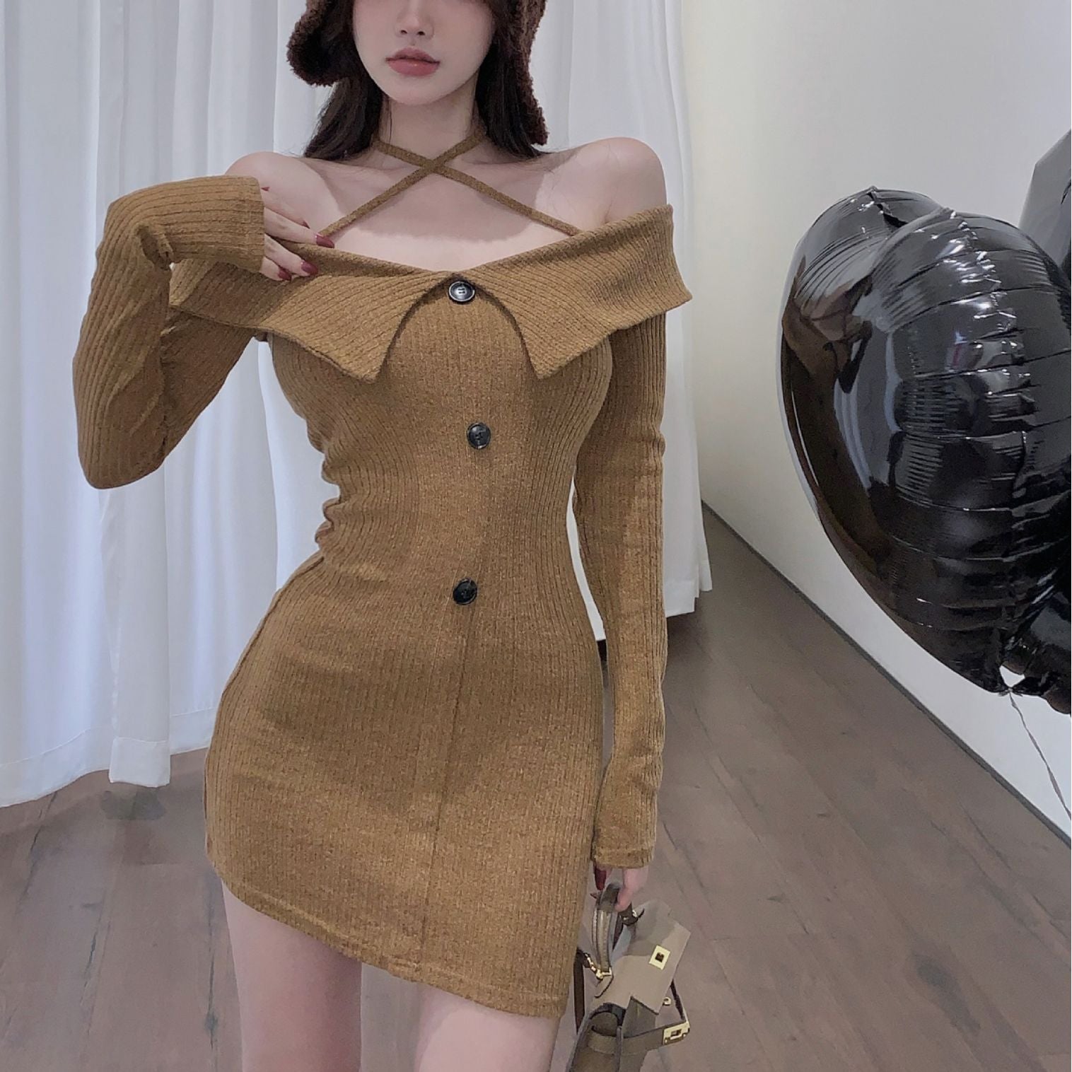 outfit inspo Autumn and Winter New Pure Desire Style Sexy off-Shoulder Halter off-the-Collarbone Slim Knit Long Sleeve Dress