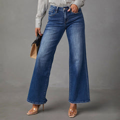 2000s fashion New Washed Dark Blue Straight High Elastic Women's Denim Trousers Super Hot
