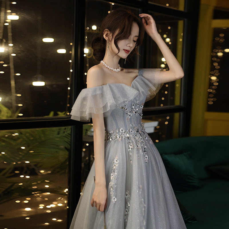 prom dresses Gray Blue off-Shoulder Evening Dress Autumn Fashion Dress Temperament Vocal Solo Host Dress