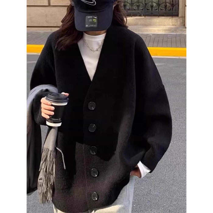 datenight fall outfits Black V-neck Knitted Cardigan for Women Autumn and Winter Outer Wear Fashionable Western Style Top Loose Lazy Style Mid-Length Women