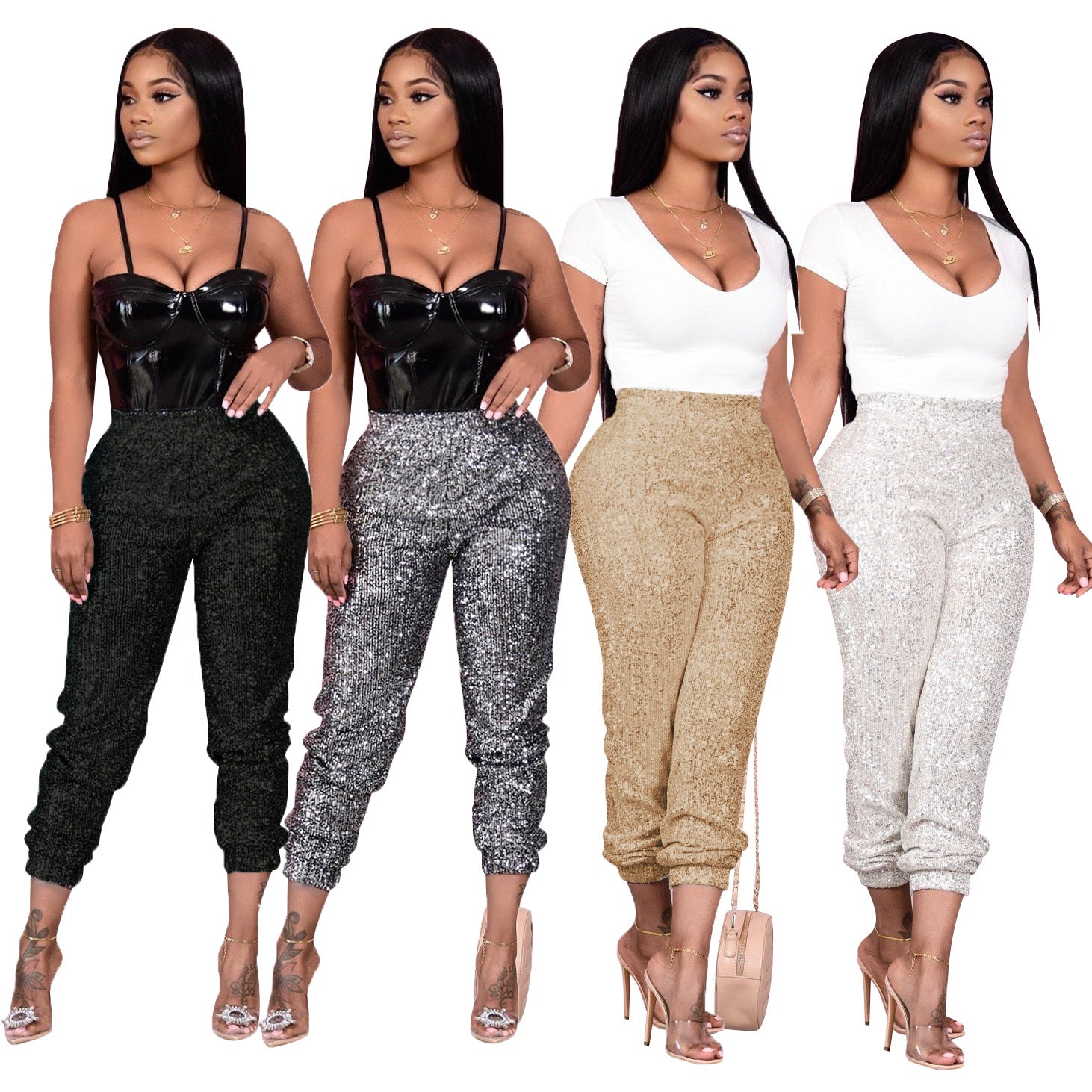 Autumn and Winter Stretch Sequined Women's Casual Bottoming Pants