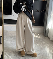 fall outfits women Flanging Design Fleece Wide-Leg Pants Autumn and Winter New High Waist Loose Slimming Korean Casual Trousers