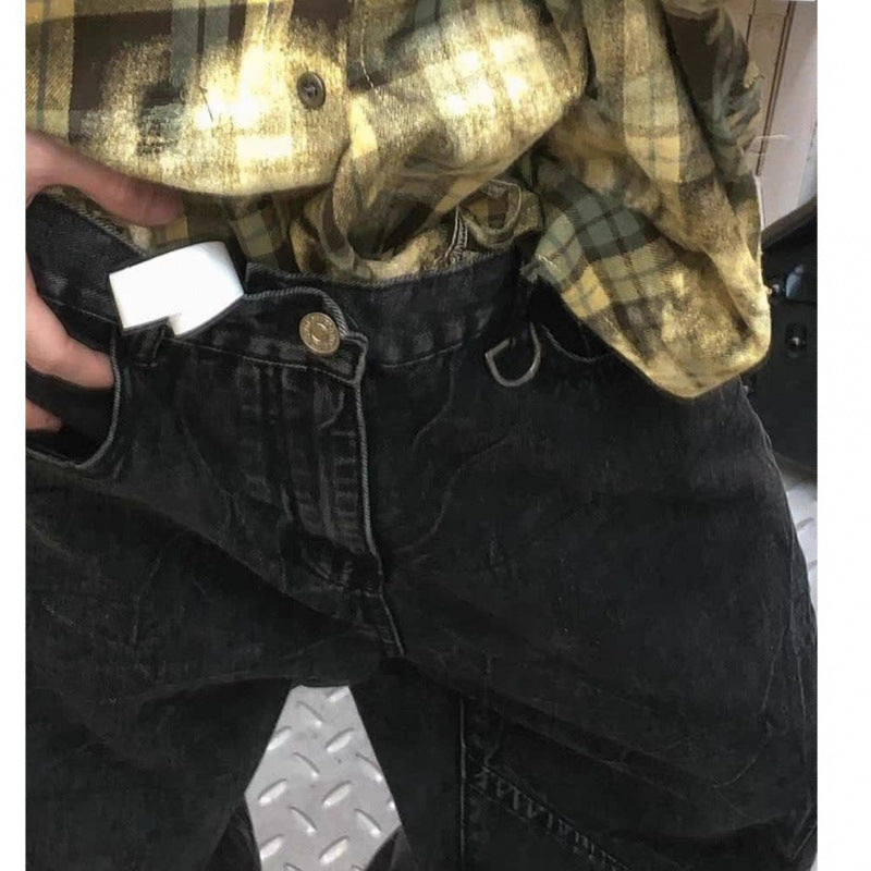 grunge dti American Retro Structural Design Split Workwear Jeans Men's and Women's Early Autumn Waste Soil Style Street Hot Girl Wide Leg Trousers