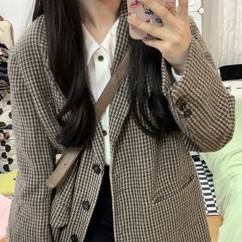 leapord halloween outfit Plaid Coat for Women Spring and Autumn Korean Style Retro High-Grade Woolen Suit Woolen Suit