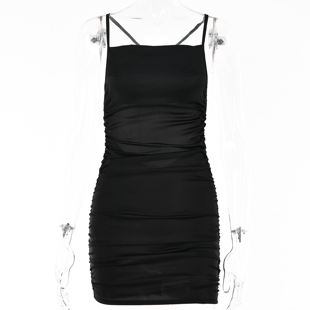 trendy homecoming dresses INS Net Hot Girl Sexy Sling Dress Autumn New Fashion Backless Diamond Belt Pleated Hip Skirt