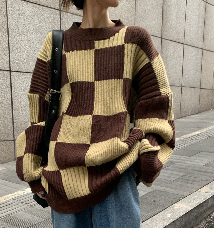 fall outfits aesthetic Chessboard Plaid Sweater for Women 2024 Autumn and Winter New Design Sense Niche Top Retro Japanese Style Lazy Style Sweater