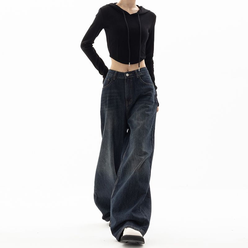 picture day outfit American Retro Street Wide-Leg Pants Design Sense Niche Blue Mopping Pants High Waist Loose High Waist Jeans for Women