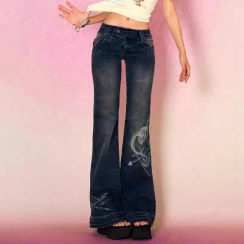 2000s fashion American Style Distressed Washed Special Love Printed Trendy Retro Jeans Women's High Street Sexy Low Waist Jeans
