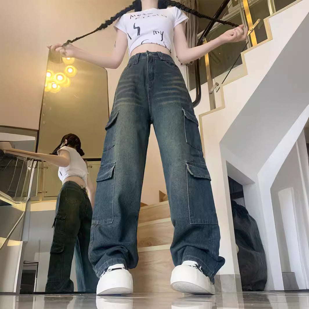 dress to impress outfits Distressed Overalls Low Waist Jeans Women's Autumn Trousers Small Loose Straight Wide Leg Mopping Pants