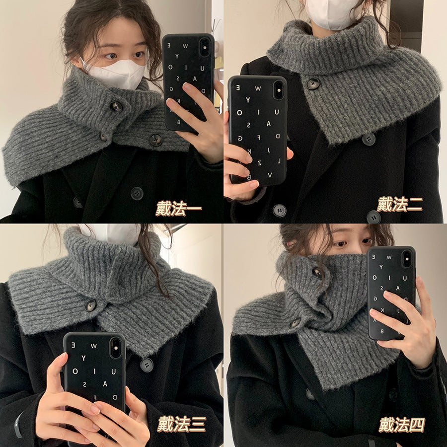 winter outfits women Dark Green Wool Pullover Shawl Button Scarf Collar Women's Autumn and Winter Scarf Korean Style Solid Color Neck Protection Knitted Shawl