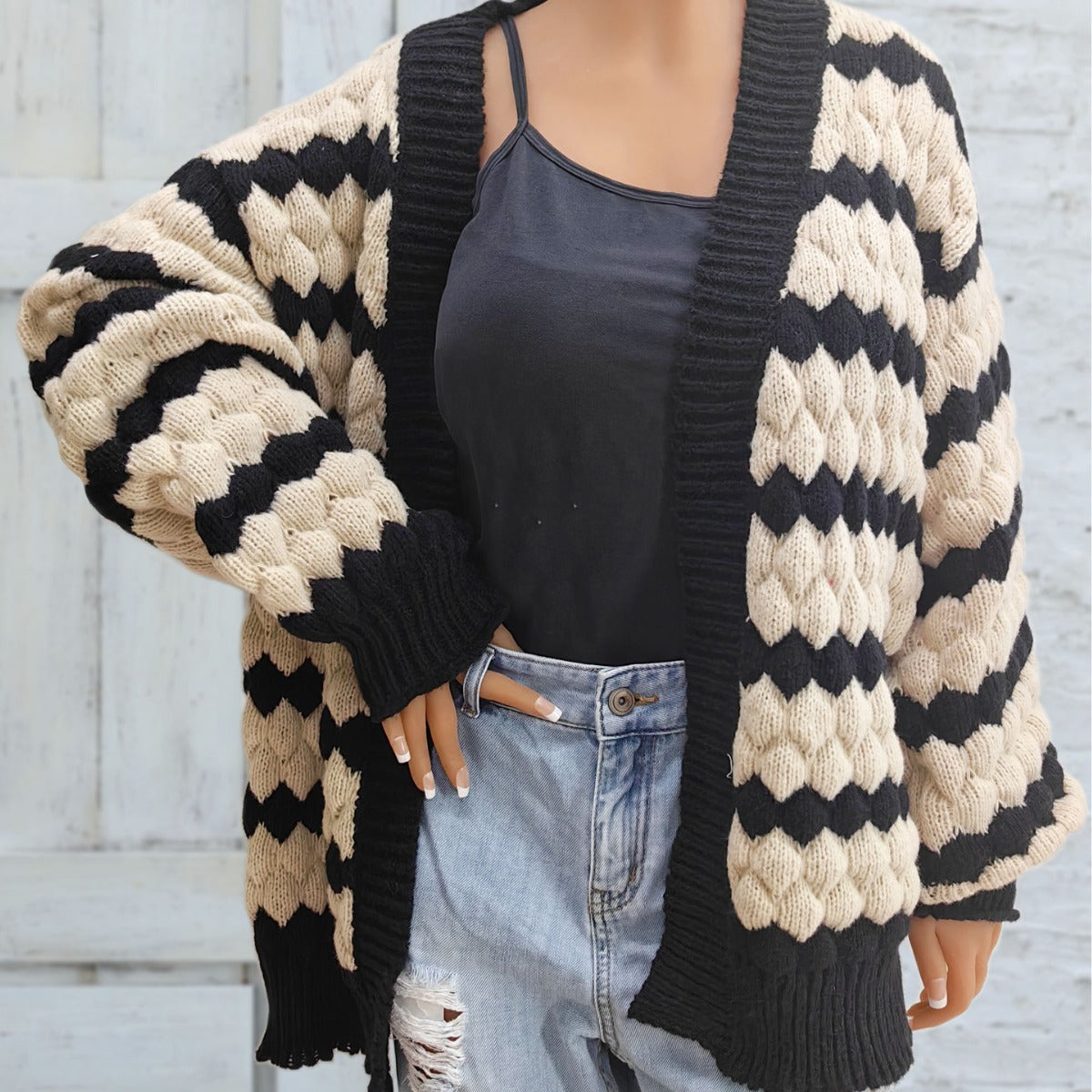 sambas outfits Women's Sweater Coat Women's Pineapple Three-Dimensional Contrast Color Stitching Striped Sweater Cardigan