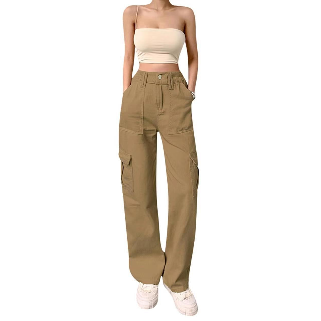 college outfits Women's Street Fashion Multi-Pocket Workwear Straight Trousers High Waist Slimming Loose Khaki Jeans for Women