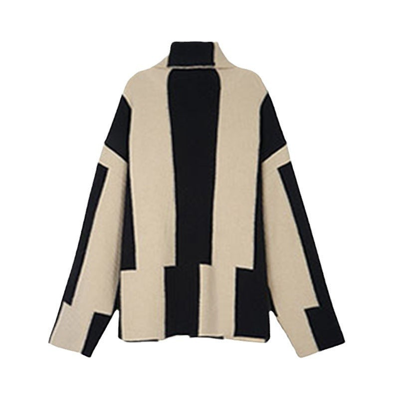 2000s fashion Korean Style Elegant All-Match Black and White Striped Sweater Women's Autumn and Winter New Loose Lazy Style Turtleneck Pullover Sweater