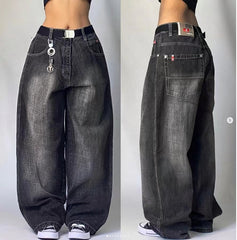 shamar Black Gray Denim Wide Leg Pants Jazz Dance Dancing Pants American High Waist Retro Distressed Ins Niche