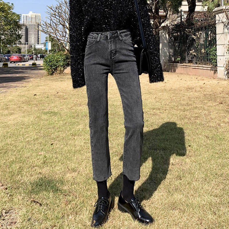 grunge outfits Black and Gray Straight Jeans Women's Autumn and Winter High Waist Stretch Slim Fit Slimming Small Loose Frayed Ankle-Length Pipe Pants