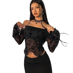 dress to impress outfits Autumn and Winter Elegant Women's Black Floral Mesh off-Shoulder Bell Sleeve T-shirt Top Women