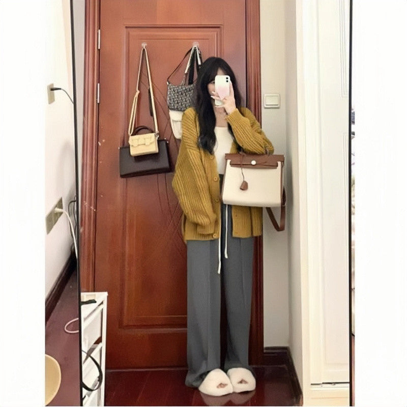 fall outfits women Autumn and Winter Small Wear Creamy-white Lazy Style Sweater Wide Leg Pants High-Grade Three-Piece Suit