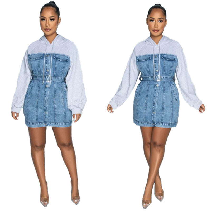 dream clothes Autumn and Winter New Women's Hooded Fake Two-Piece Sweater Stitching Jumpsuit Hip Skirt