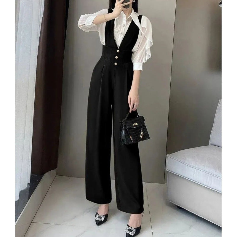 2024 Summer and Autumn New Design Suspender Pants Women's Gao-Grade Slimming High Waist Suit Wide Leg Pants Black Jumpsuit