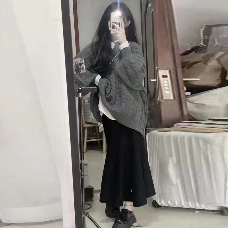 fall winery outfits Korean Style Lazy Style V-neck Sweater Retro Warm Loose Spring and Autumn Winter Gentle Style Pullover Skirt Two-Piece Set