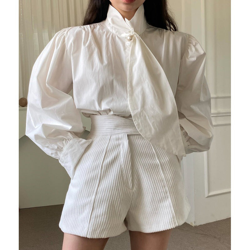 fruitful fashion dress to impress Chic Autumn French Elegant Pearl Button Puff Sleeve Shirt + Irregular High Waist Shorts Suit