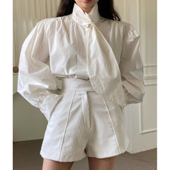 avant garde dress to impress Chic Autumn French Elegant Pearl Button Puff Sleeve Shirt + Irregular High Waist Shorts Suit