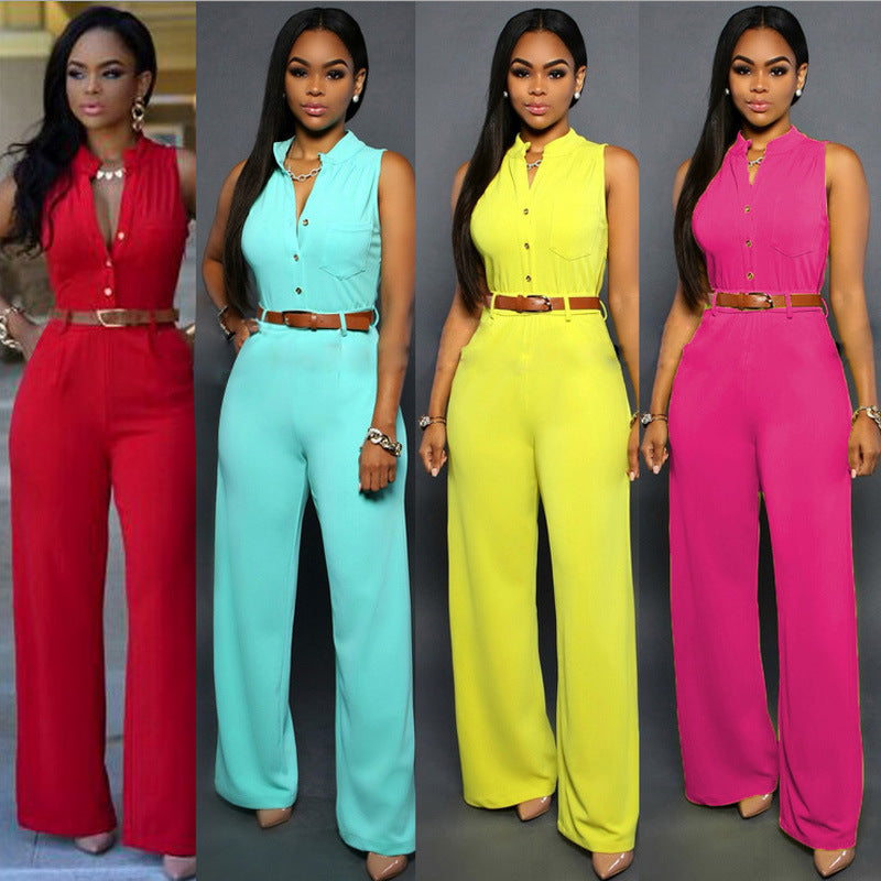 business casual Sexy Stand Collar Women's Jumpsuit Single-Breasted High Waist Hip Lifting Wide Leg Pants with Belt